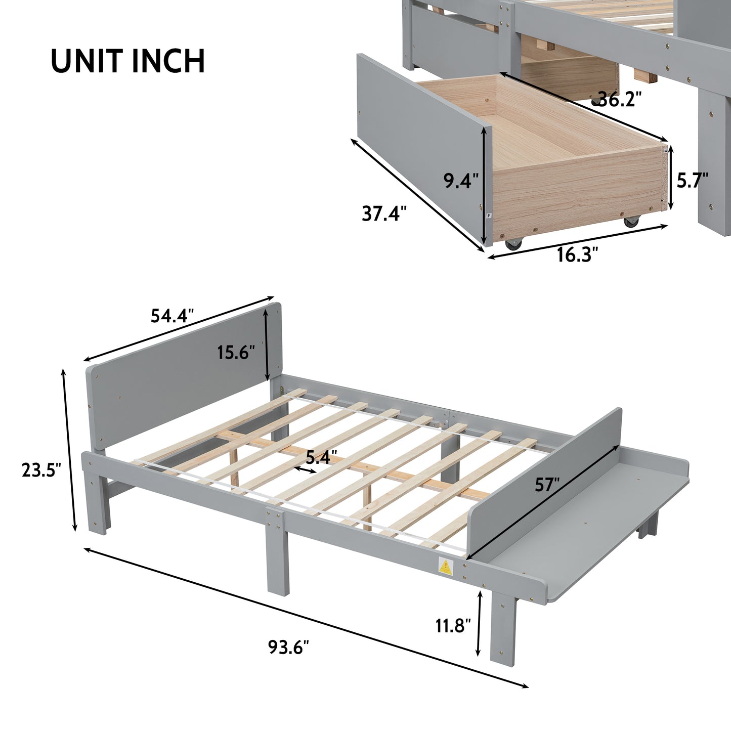 Full Bed with Footboard Bench,2 drawers,Grey