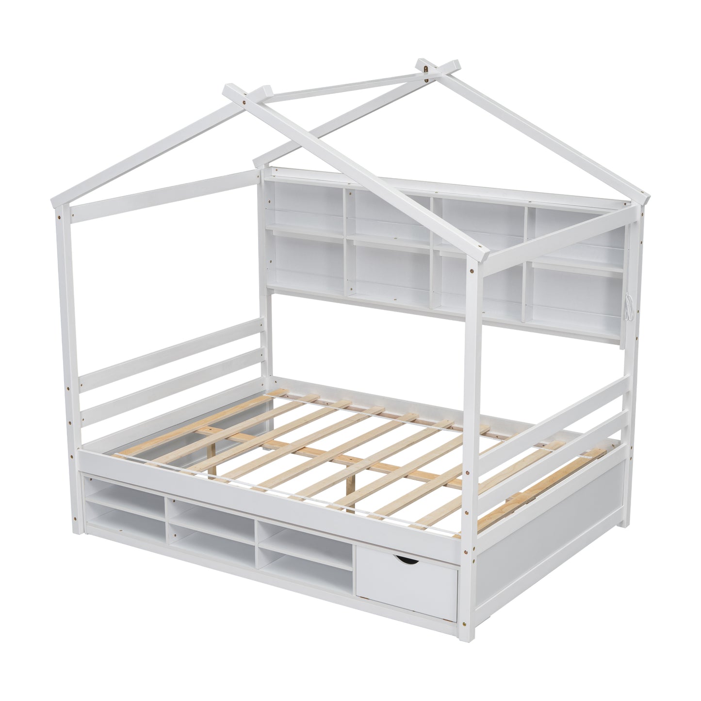 Full House Bed with Roof Frame, Bedside-shelves, Under Bed Storage Unit,White