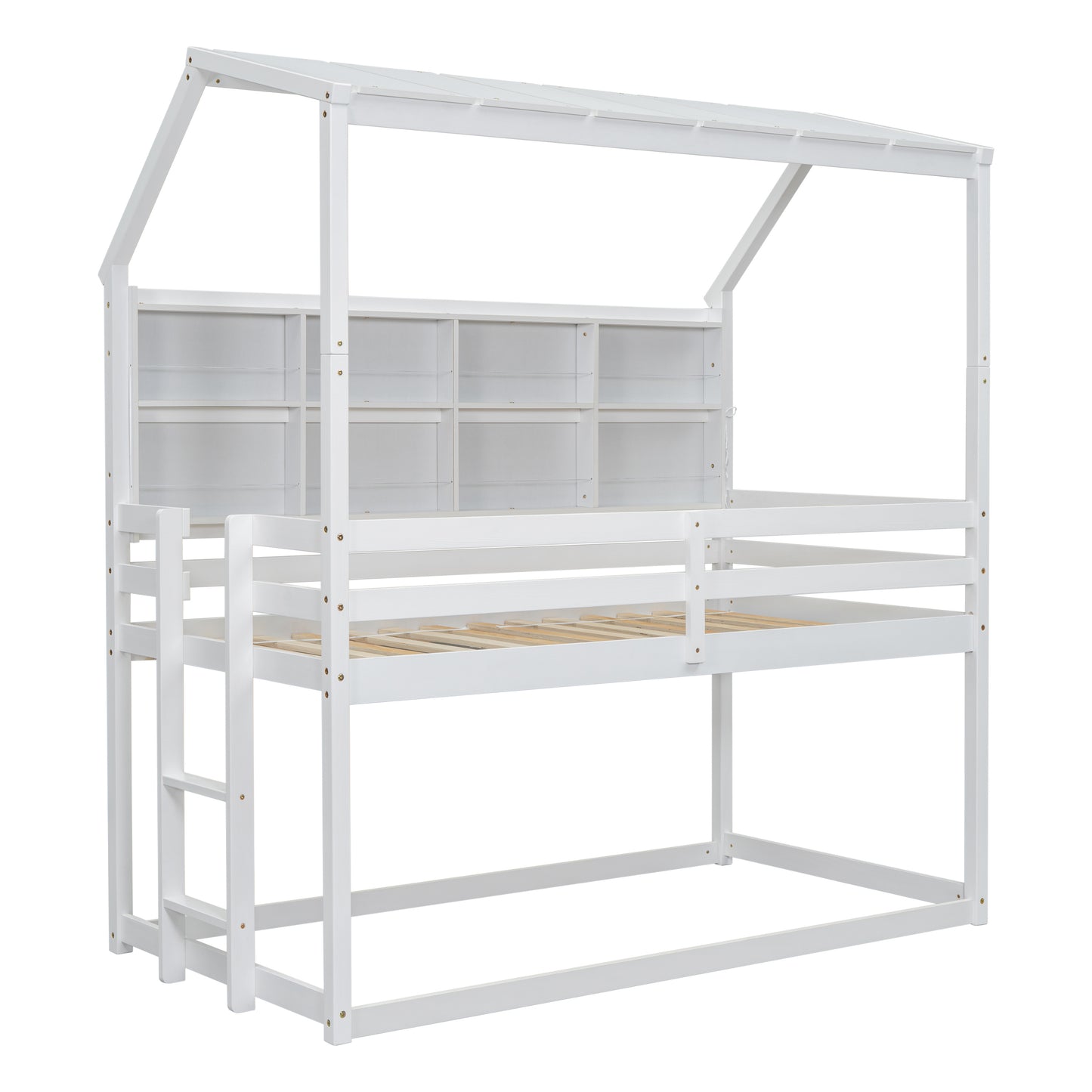 Twin House Loft Bed with Guardrails, Semi-enclosed Roof, Bedside Shelves and Ladder, White