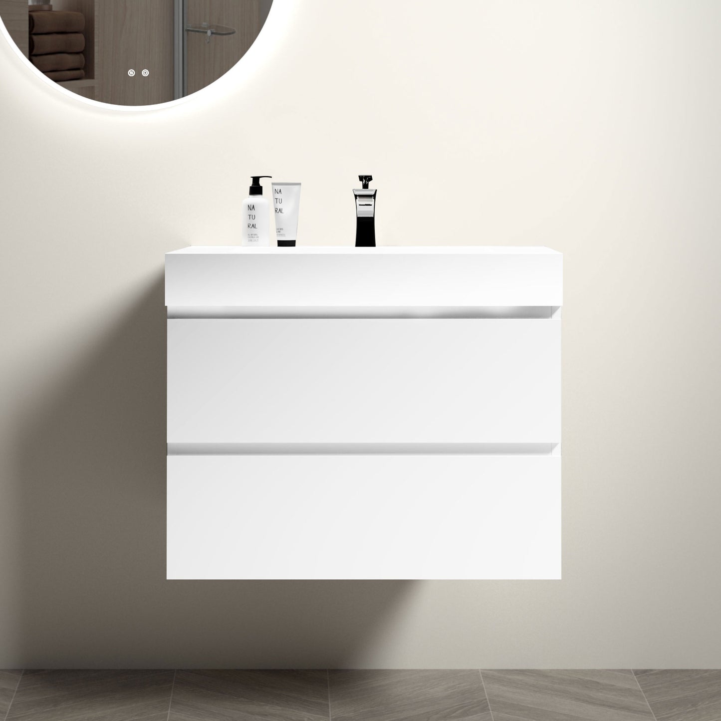 BB02-30-101, Integrated solid surface basin WITHOUT drain and faucet, glossy white color