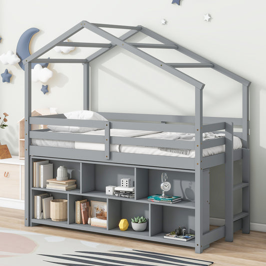 Twin House Loft Bed with Roof Frame, Under Bed Shelving Storage Unit, Guardrails, Ladder,Grey