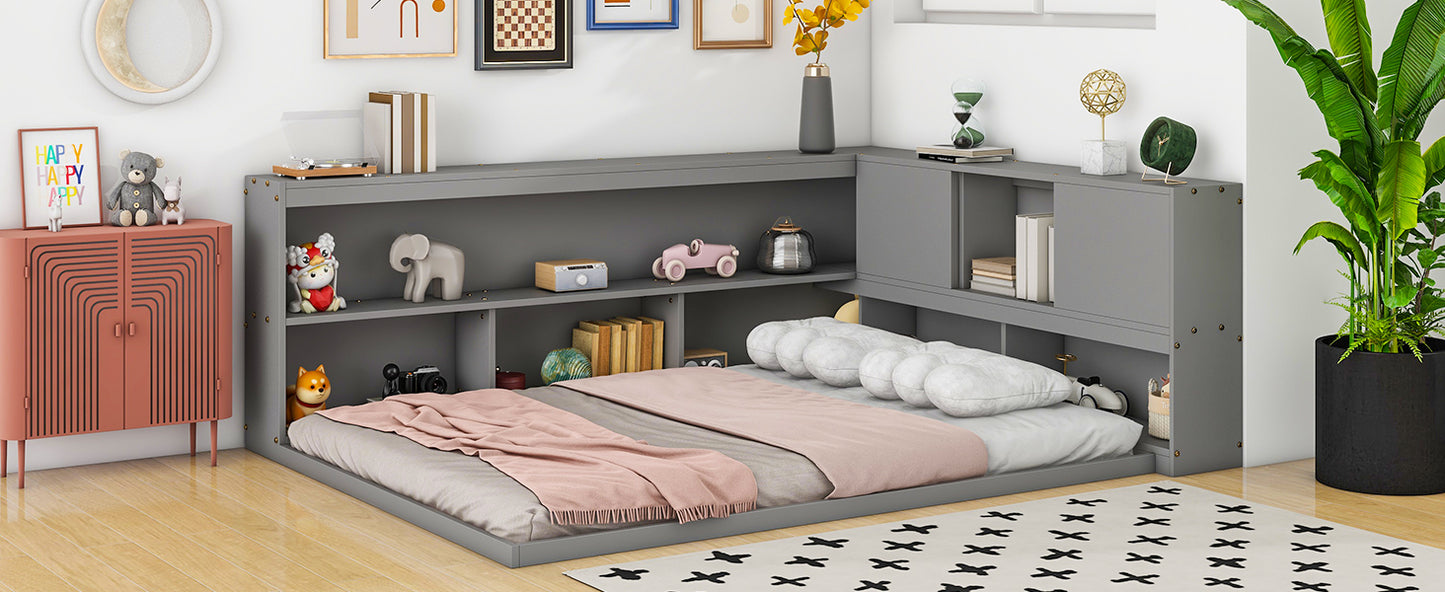 Full Floor Bed with L-shaped Bookcases, sliding doors,without slats,Grey