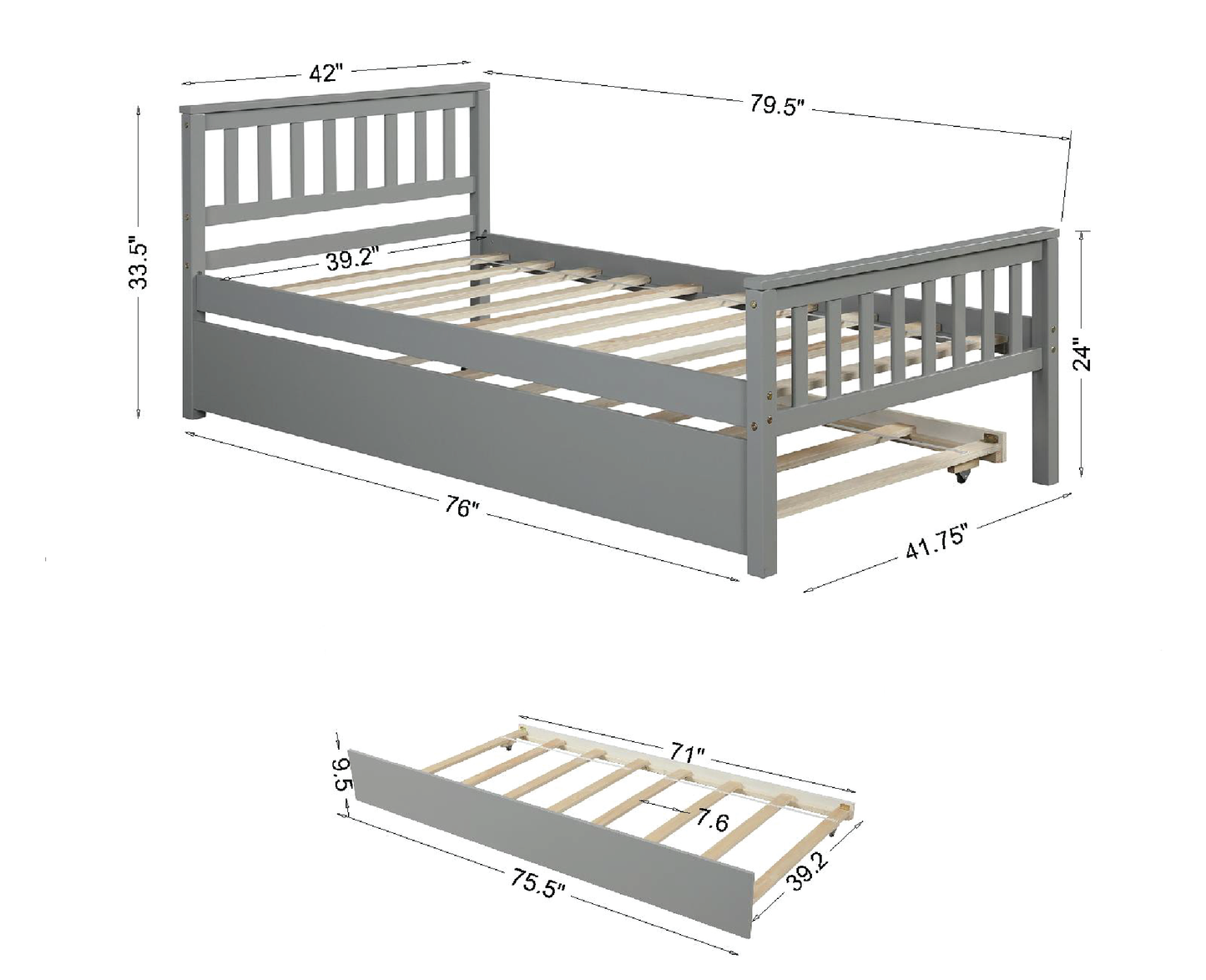 Twin Bed with Trundle, Platform Bed Frame with Headboard and Footboard, for Bedroom Small Living Space,No Box Spring Needed,Grey(Old SKU:W50422210)