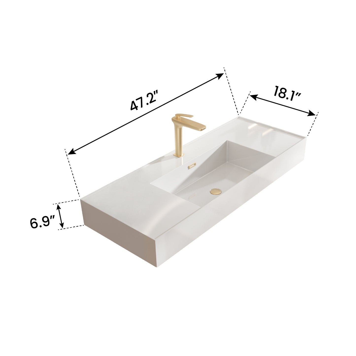 BB0648Y101, Integrated glossy white solid surface basin with one predrilled faucet hole, faucet and drain assembly NOT included