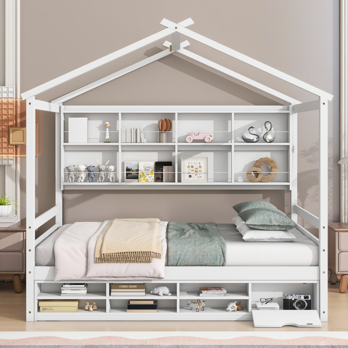 Full House Bed with Roof Frame, Bedside-shelves, Under Bed Storage Unit,White