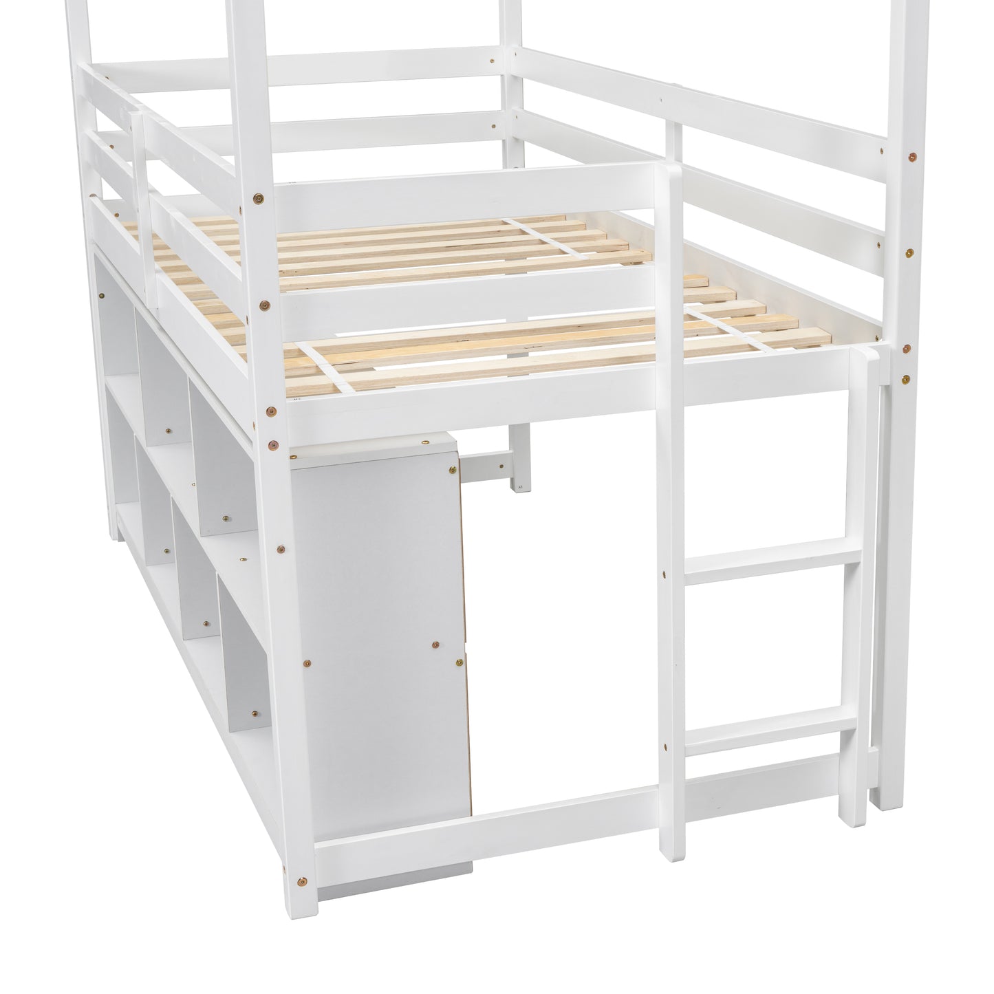 Twin House Loft Bed with Roof Frame, Under Bed Shelving Storage Unit, Guardrails, Ladder,White