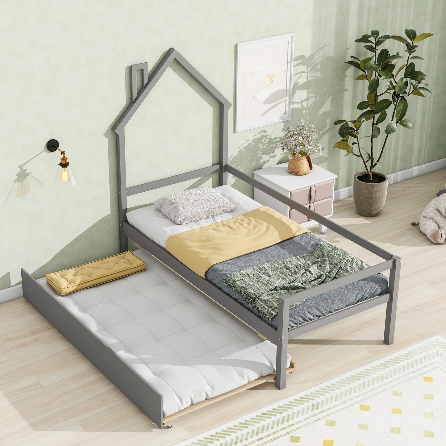 Twin House Wooden Daybed with trundle, Twin House-Shaped Headboard  bed with Guardrails,Grey