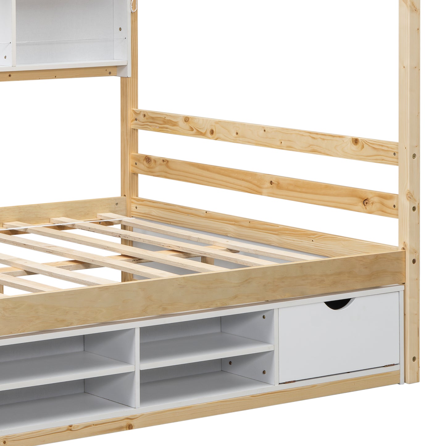 Full House Bed with Roof Frame, Bedside-shelves, Under Bed Storage Unit,Natural