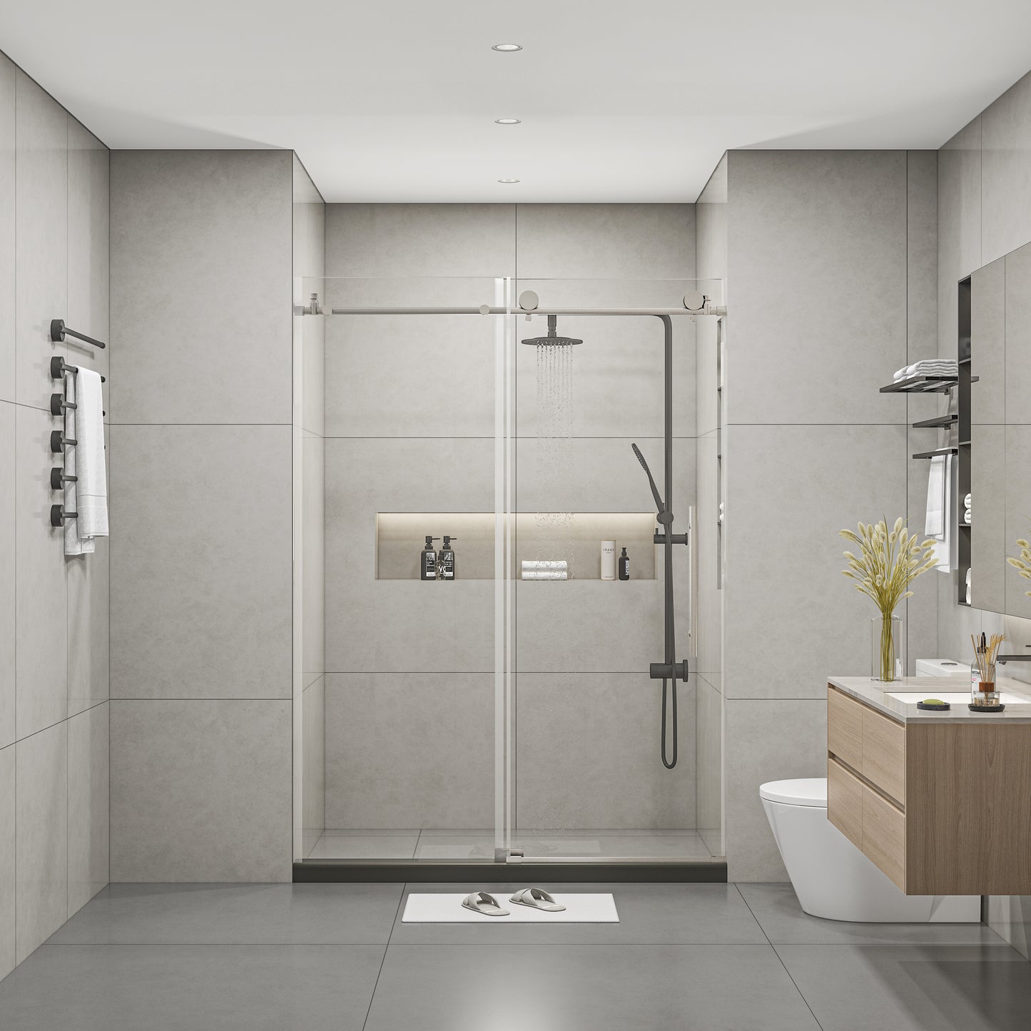 Frameless Shower Doors 60" Width x 76"Height with 5/16"(8mm) Clear Tempered Glass, Brushed Nickel Finish