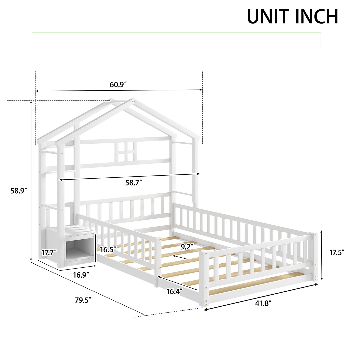 Twin Size House-Style Headboard Floor Bed with Fence Guardrails,White