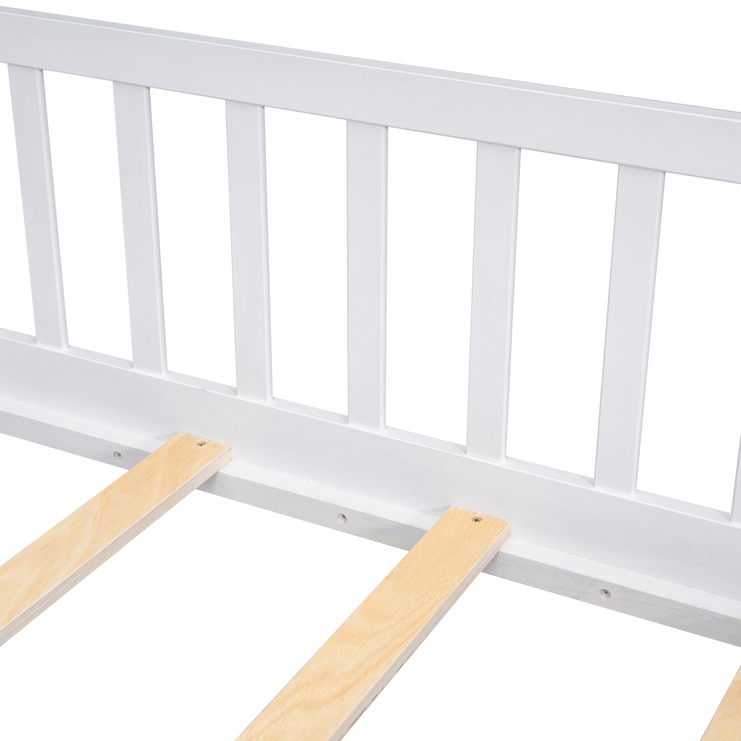 Twin House-Shaped Bedside Floor Bed with Guardrails, Slats, with Door,White