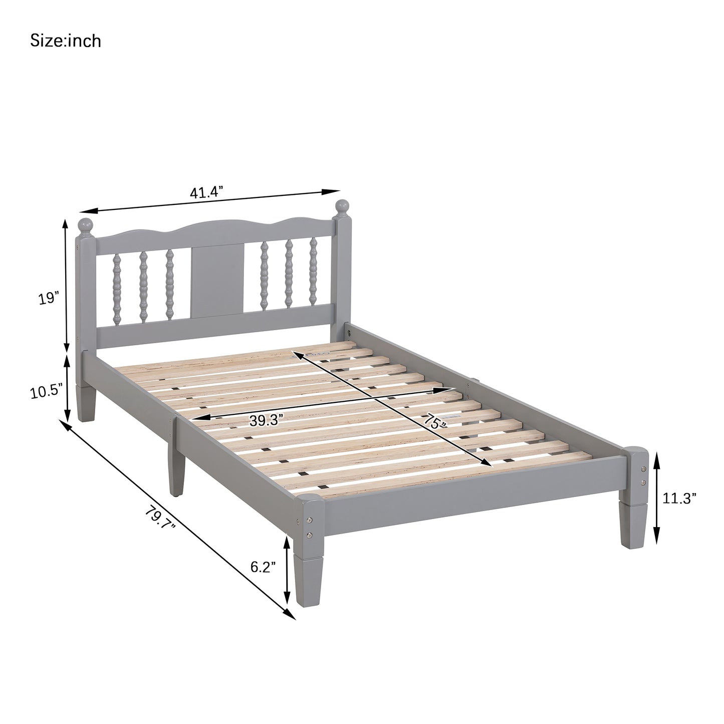 Twin Bed with Column-Decoration Headboard, with Bed Slats,Grey