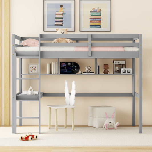 Twin Loft Bed with built-in desk and bookcase of three compartments, Guardrails and Ladder,Grey