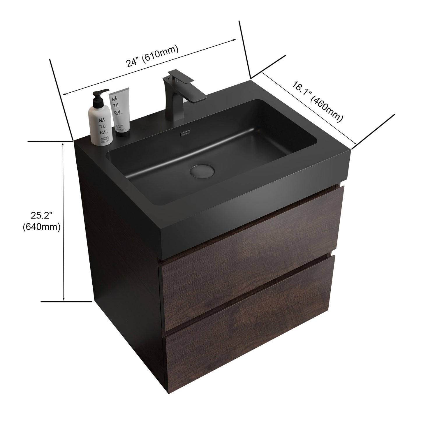 Alice 24" Walnut Bathroom Vanity with Sink, Large Storage Wall Mounted Floating Bathroom Vanity for Modern Bathroom, One-Piece Black Sink Basin without Drain and Faucet, Pre-assembled