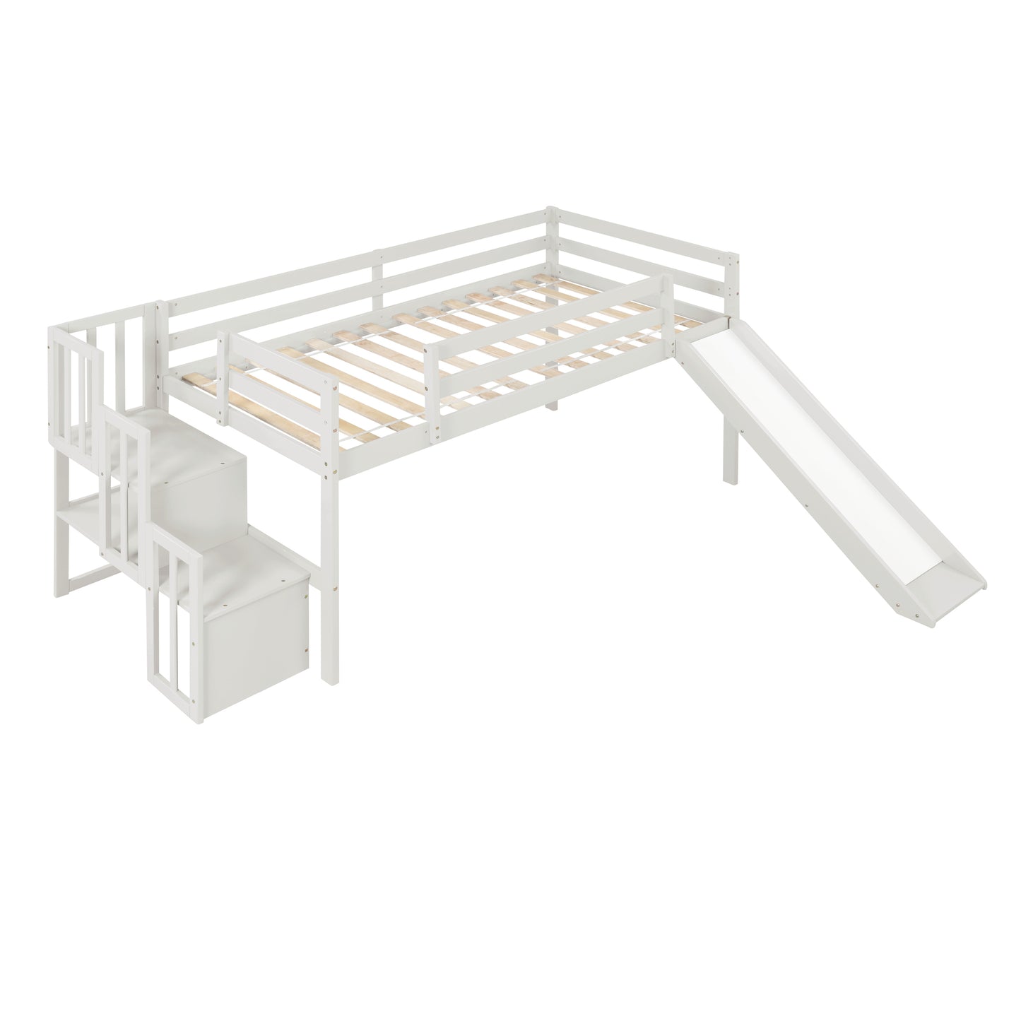 Loft Bed with Staircase, Storage, Slide, Twin size, Full-length Safety Guardrails, No Box Spring Needed, White (Old Sku:W504S00004)