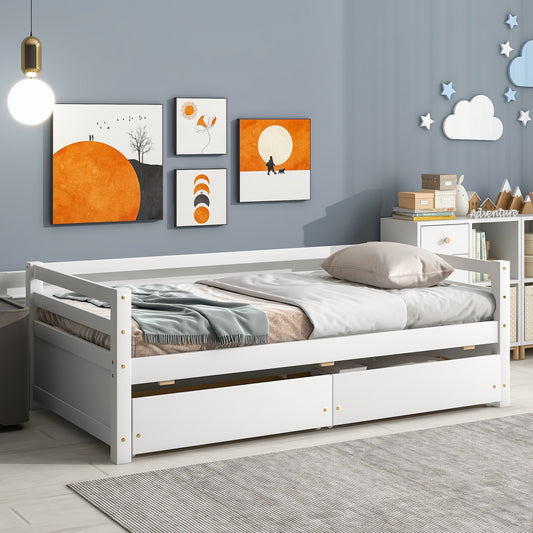 White Daybed with Storage Drawers, Wood Full Bed Frame with Built-in End Table for Bedroom, Living Room