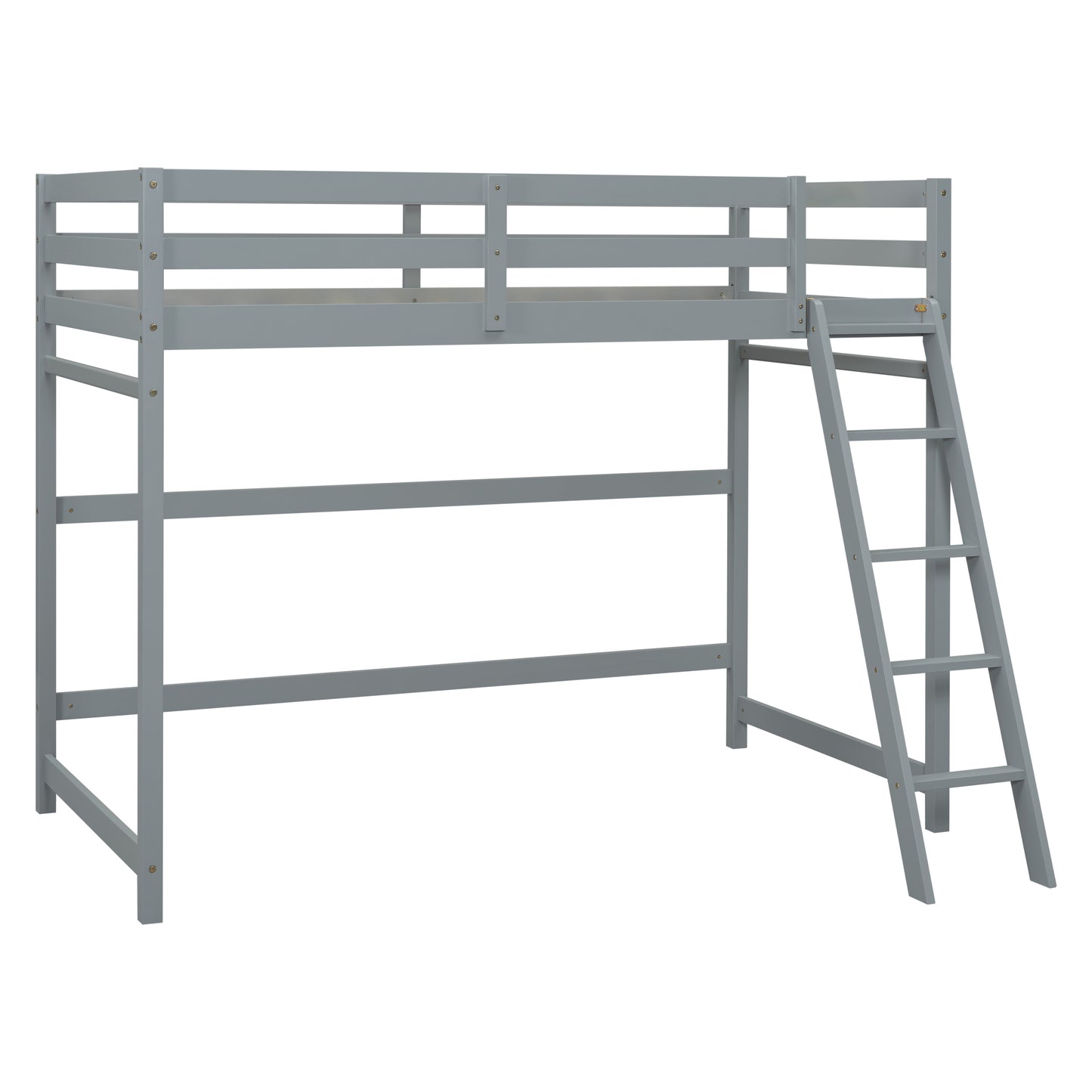 Twin Size High Loft Bed with inclined Ladder, Guardrails,Grey