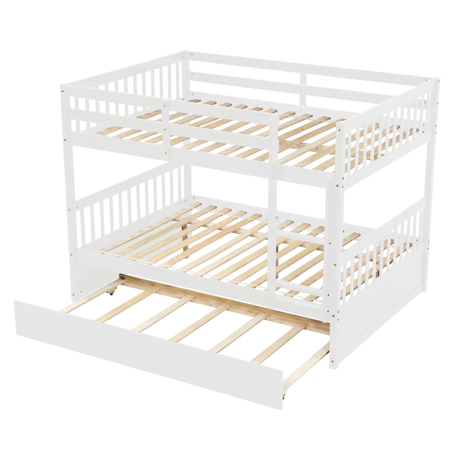 Full Over Full Bunk Bed with Trundle, Convertible to 2 Full Size Platform Bed, Full Size Bunk Bed with Ladder and Safety Rails for Kids, Teens, Adults,White(Old Sku:W504S00002)