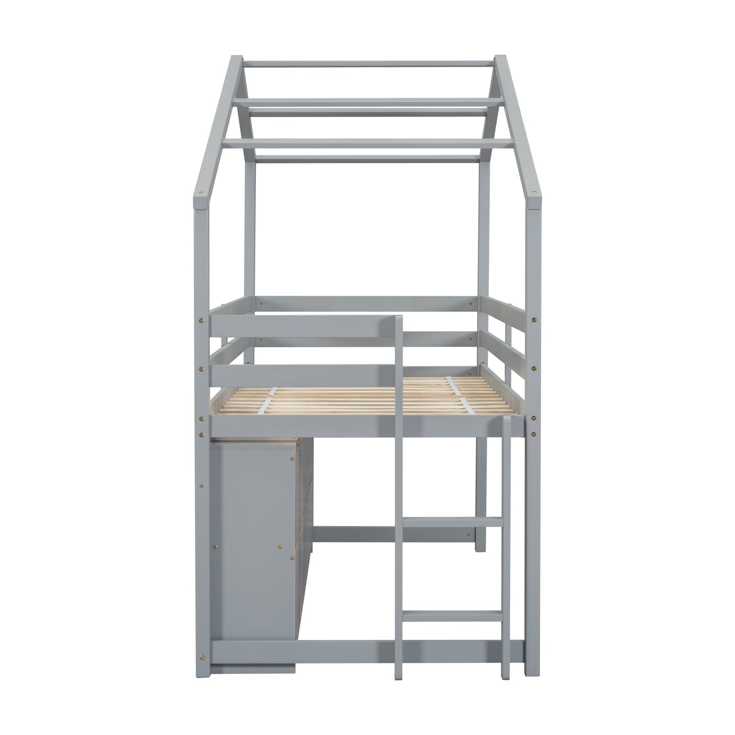 Twin House Loft Bed with Roof Frame, Under Bed Shelving Storage Unit, Guardrails, Ladder,Grey