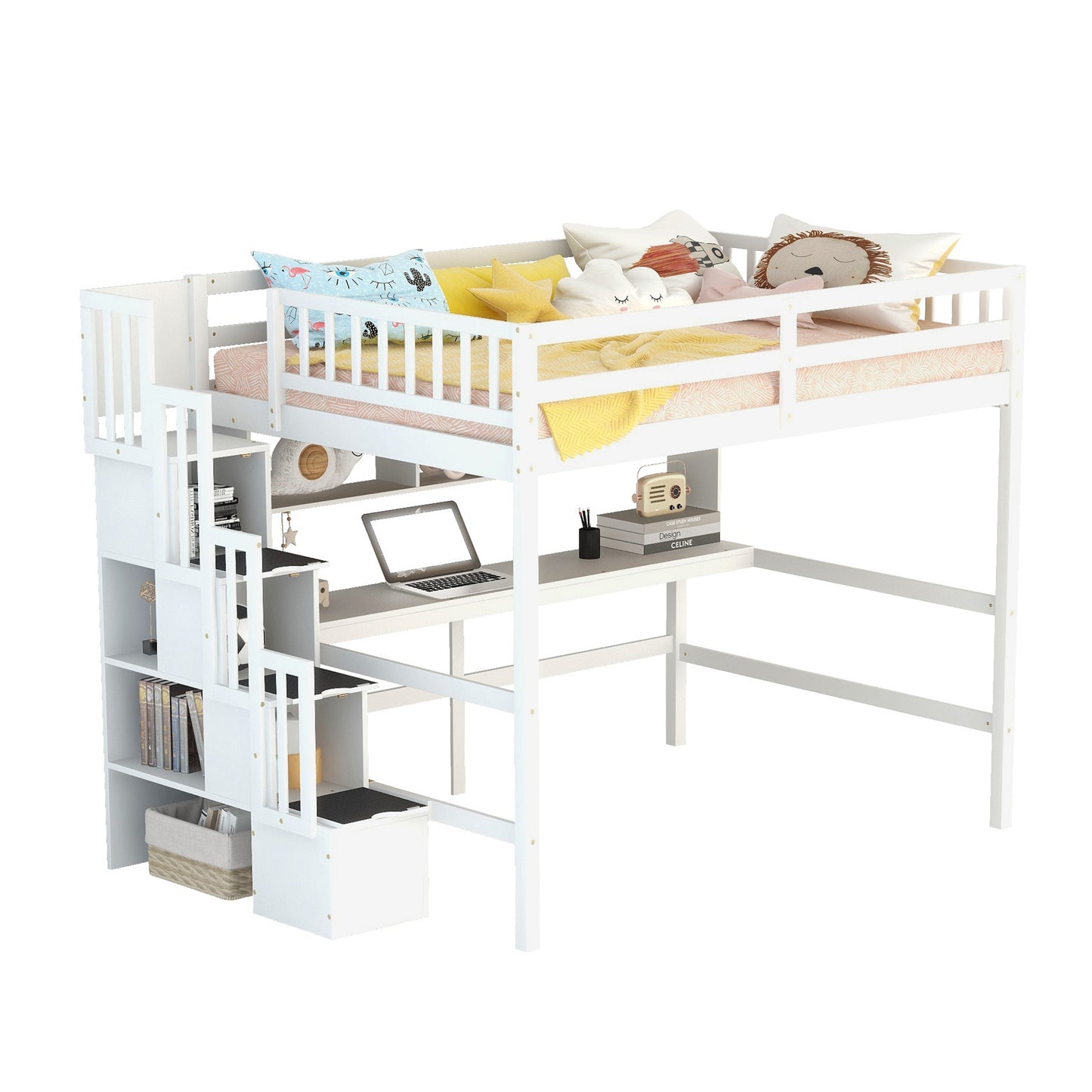 Full Size Loft Bed with Built-in Desk, Bookshelves and Storage Staircase,White(Old SKU:W504S00110)