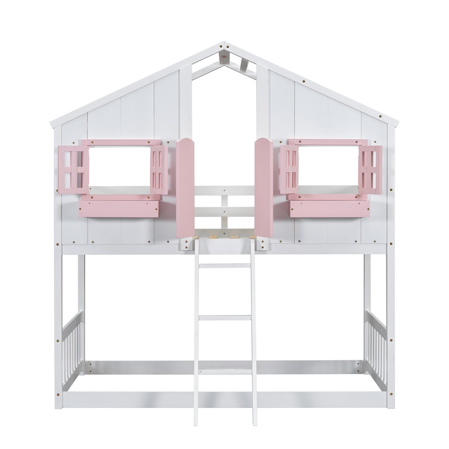 Twin over Twin House Bunk Bed with Roof , Window, Window  Box, Door , with Safety Guardrails and Ladder, Pink/White