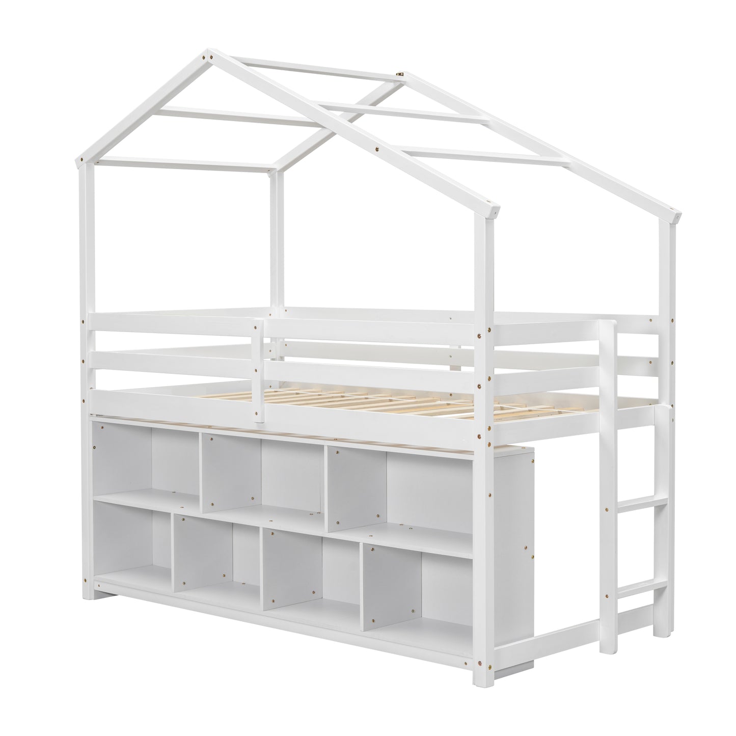 Twin House Loft Bed with Roof Frame, Under Bed Shelving Storage Unit, Guardrails, Ladder,White