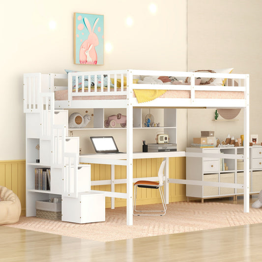 Full Size Loft Bed with Built-in Desk, Bookshelves and Storage Staircase,White(Old SKU:W504S00110)