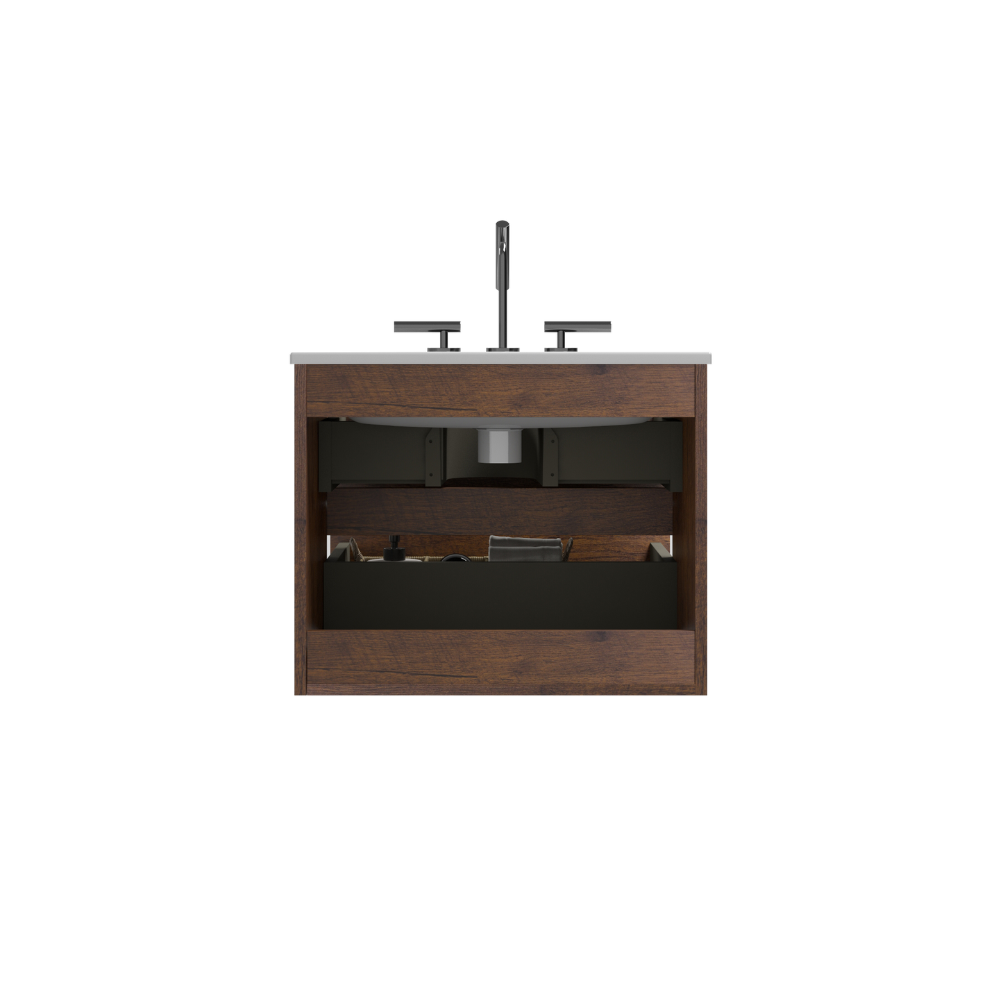 Wall Mount 24" Walnut Bathroom Vanity with Ceramic Sink with three faucet holes, Large Storage Floating Bathroom Vanity for Modern Bathroom, One-Piece Sink Basin without Drain, Pre-assembled