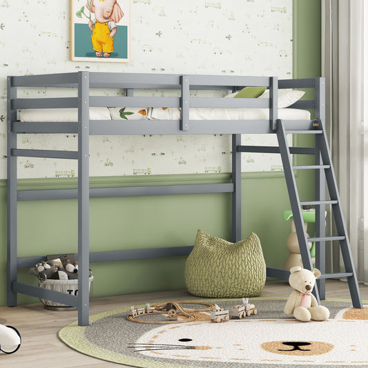 Twin Size High Loft Bed with inclined Ladder, Guardrails,Grey