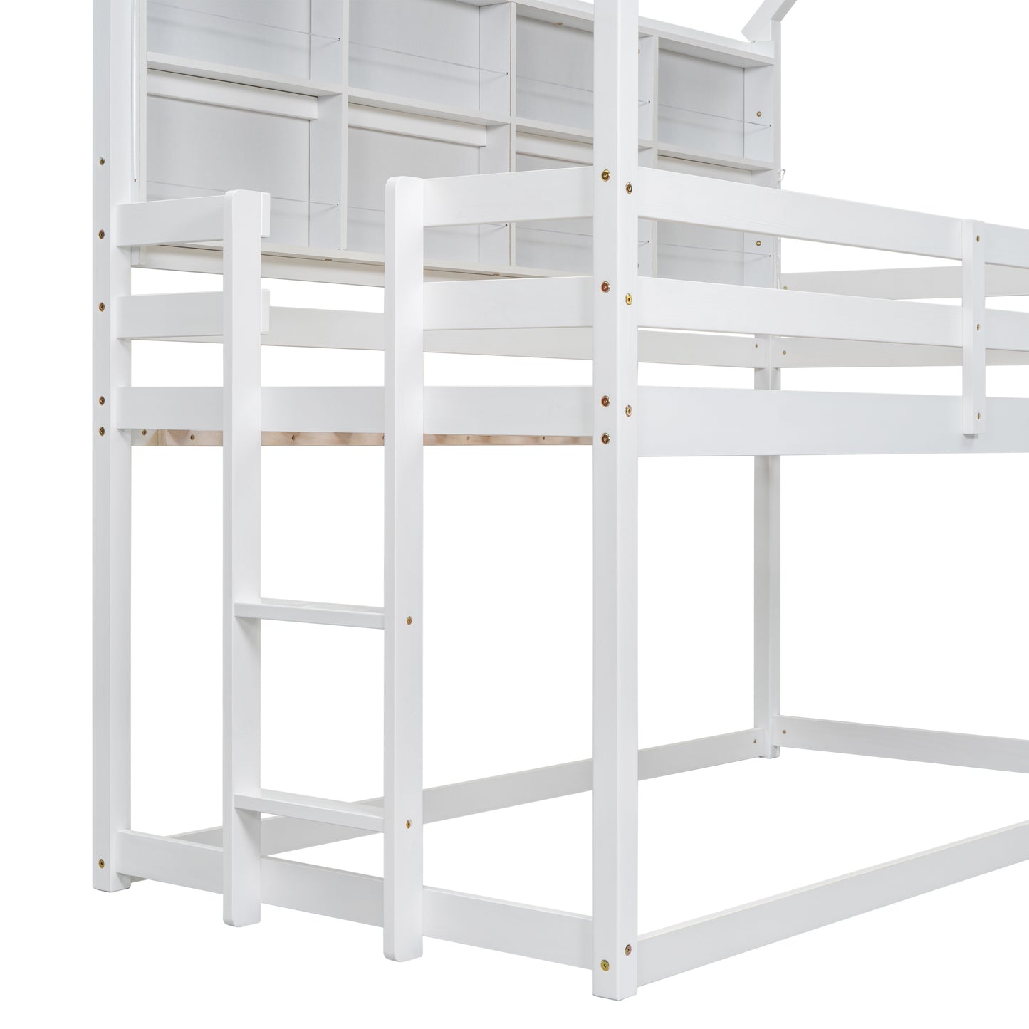 Twin House Loft Bed with Guardrails, Semi-enclosed Roof, Bedside Shelves and Ladder, White