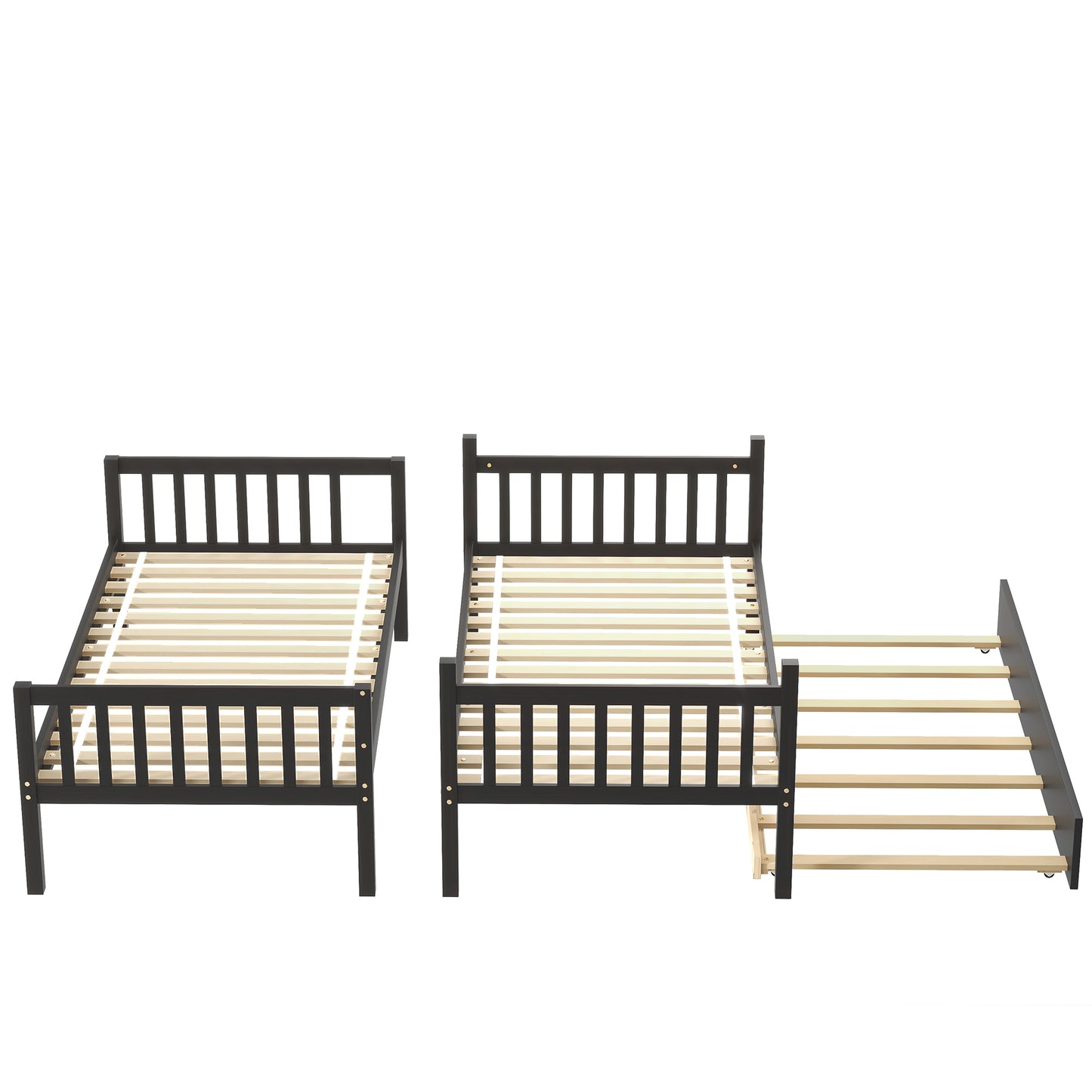 Twin Over Twin Bunk Beds with Trundle, Solid Wood Trundle Bed Frame with Safety Rail and Ladder, Kids/Teens Bedroom, Guest Room Furniture, Can Be converted into 2 Beds,Espresso