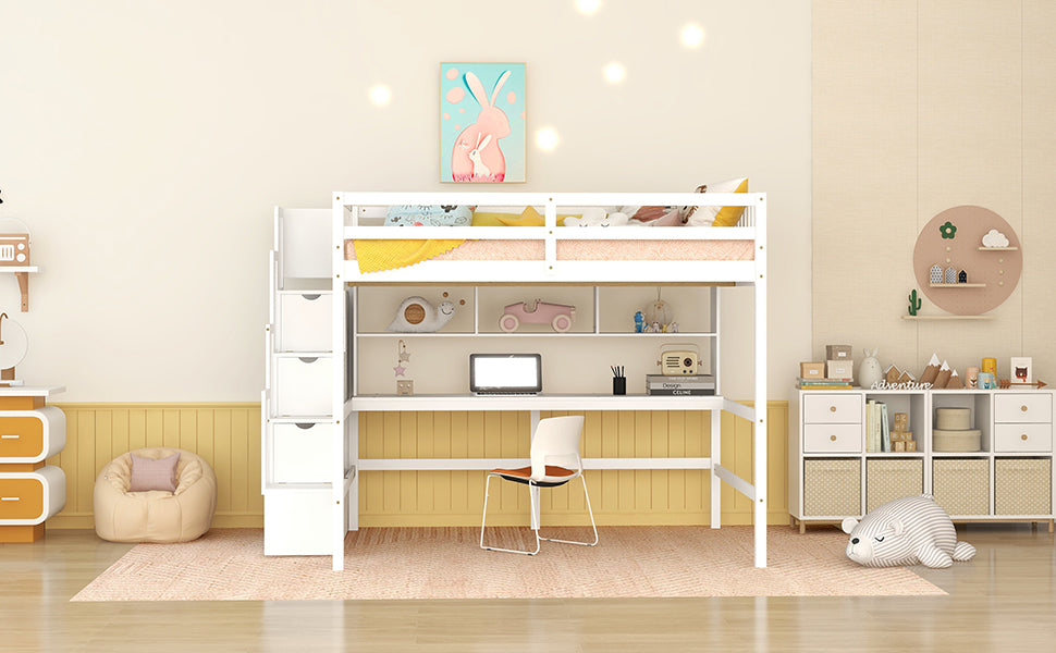 Full Size Loft Bed with Built-in Desk, Bookshelves and Storage Staircase,White(Old SKU:W504S00110)