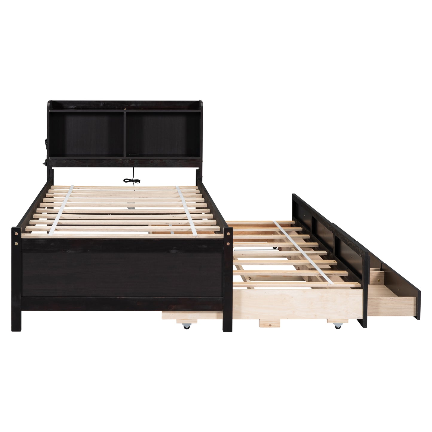 Twin Size Bed with  built-in USB ,Type-C Ports, LED light, Bookcase Headboard, Trundle and 3 Storage Drawers, Twin Size Bed with  Bookcase Headboard, Trundle and Storage drawers ,Espresso