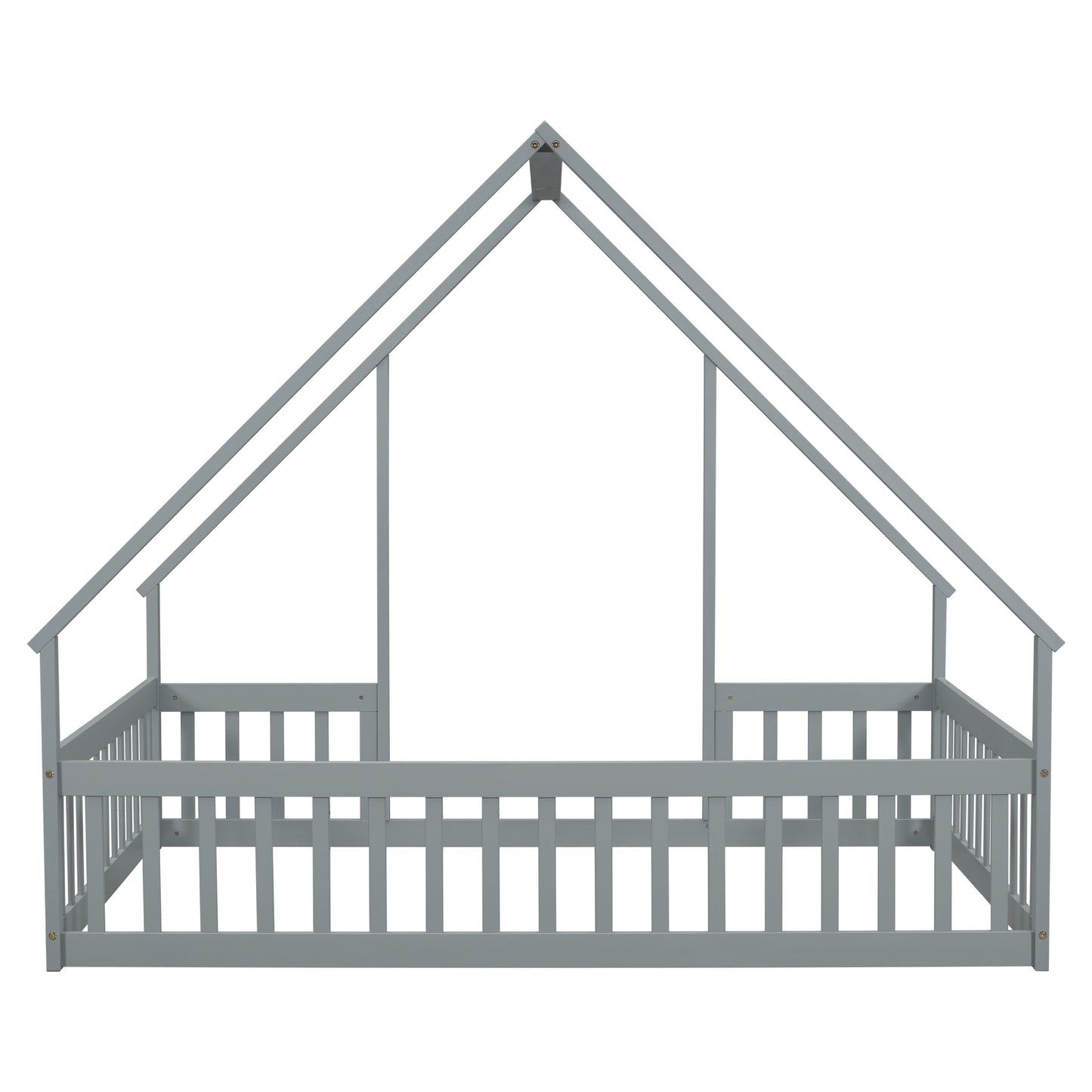 Full Wood House-Shaped Floor Bed with Fence, Guardrails,Grey