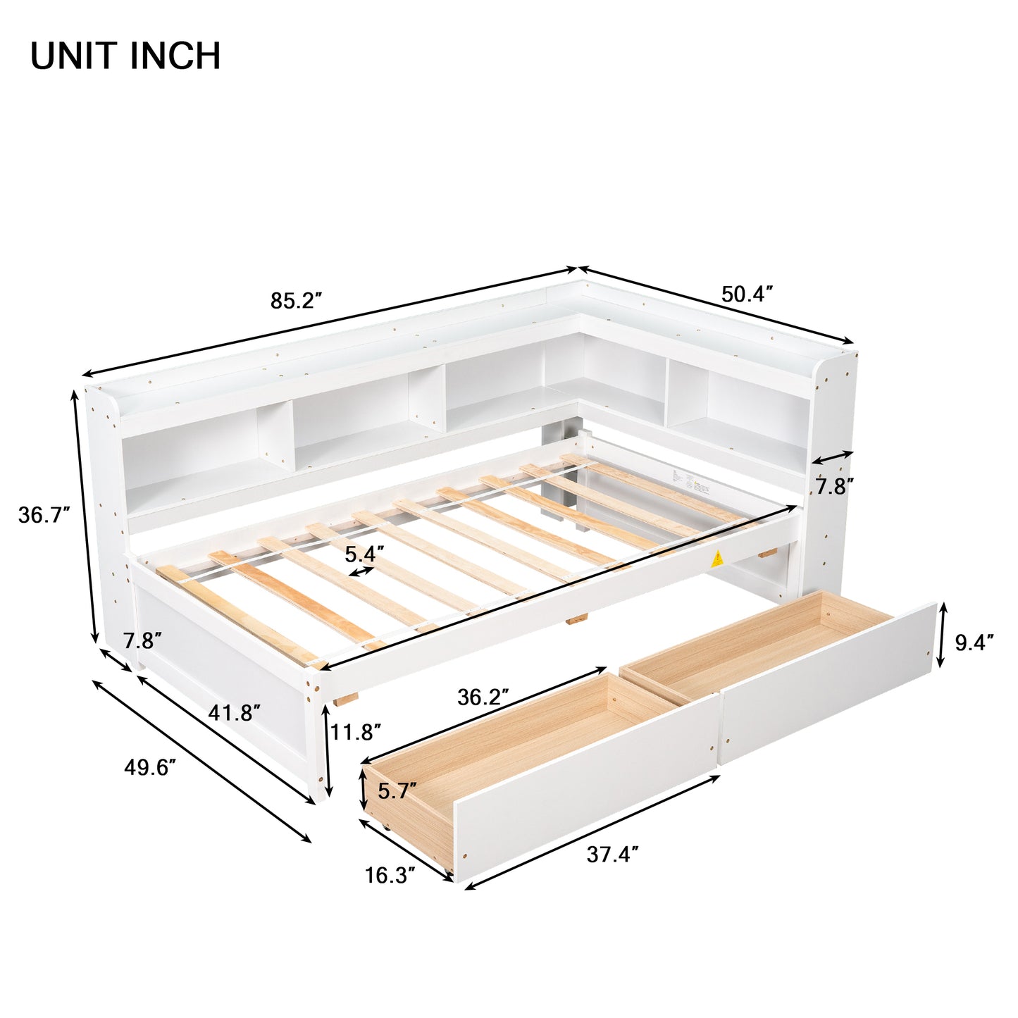 Twin Bed with L-shaped Bookcases,Drawers ,White