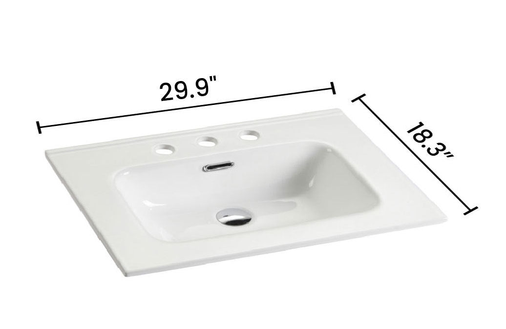 BB0930Y331, Integrated white ceramic basin with three predrilled faucet holes, faucet and drain assembly NOT included