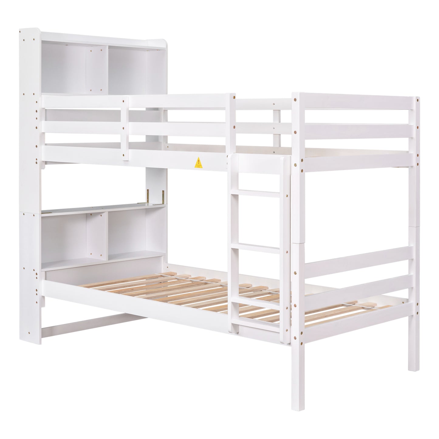 Twin Over Twin Bunk Beds with Bookcase Headboard, Solid Wood Bed Frame with Safety Rail and Ladder, Kids/Teens Bedroom, Guest Room Furniture, Can Be converted into 2 Beds, White