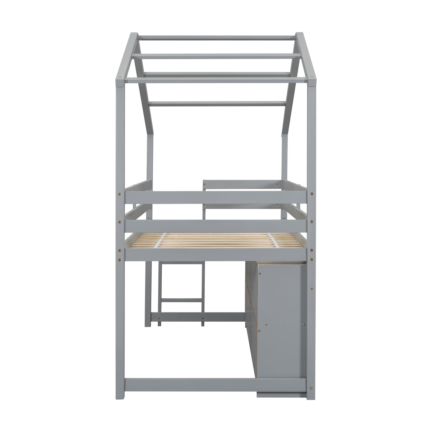 Twin House Loft Bed with Roof Frame, Under Bed Shelving Storage Unit, Guardrails, Ladder,Grey