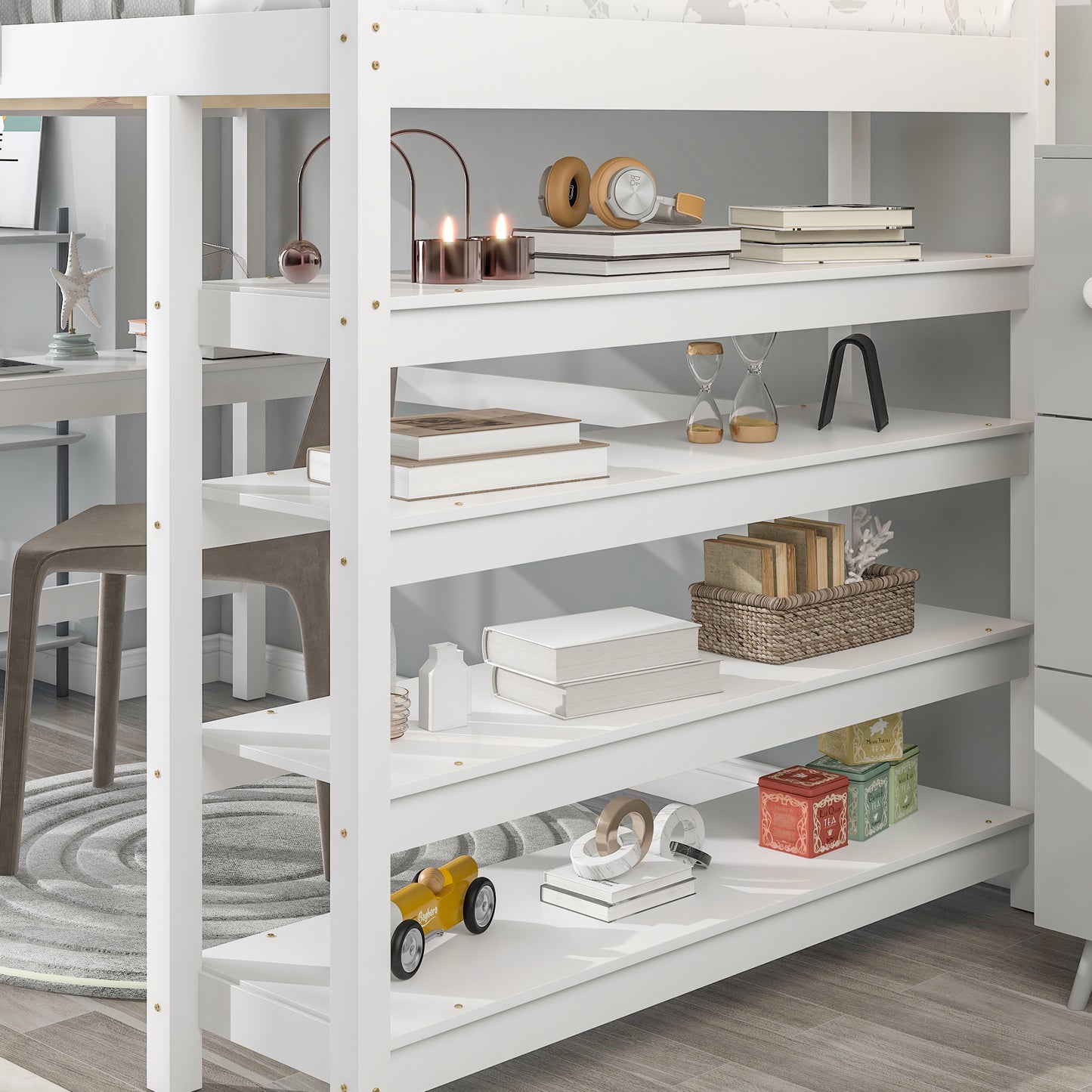 Loft Bed Full with desk,ladder,shelves , White