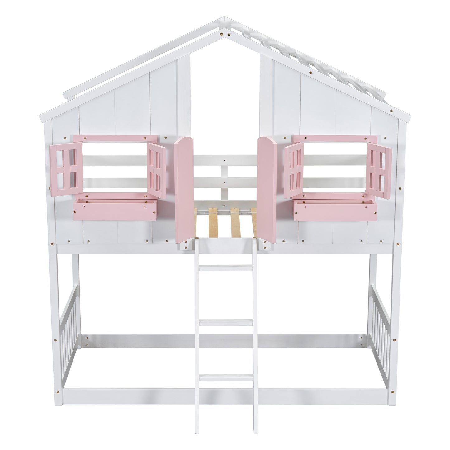 Twin over Twin House Bunk Bed with Roof , Window, Window  Box, Door , with Safety Guardrails and Ladder, Pink/White