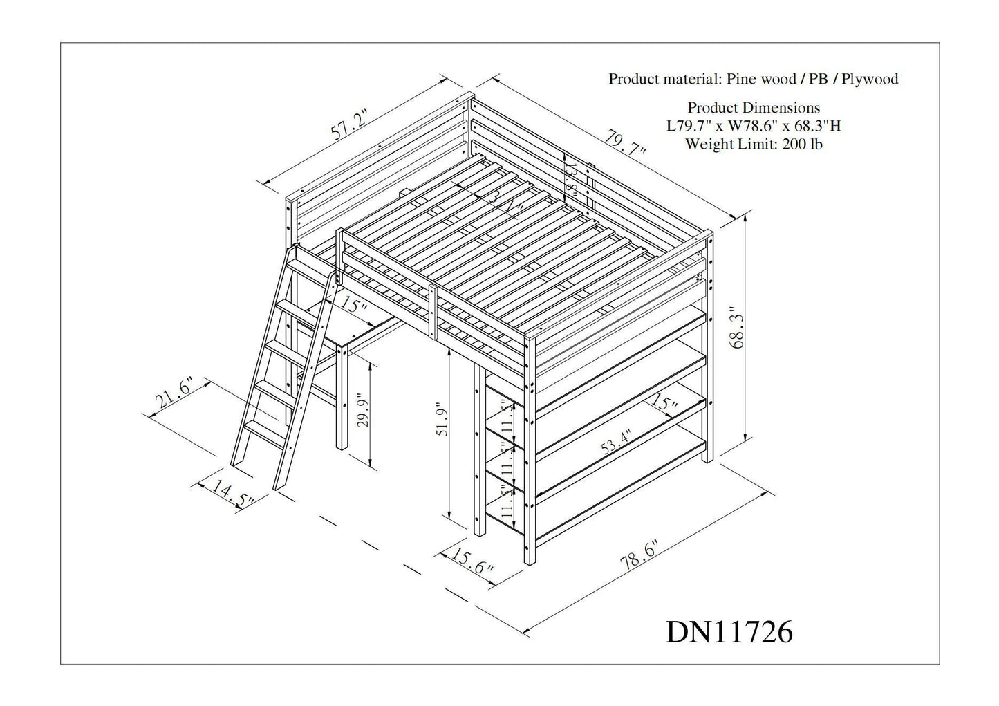 Loft Bed Full with desk,ladder,shelves , White