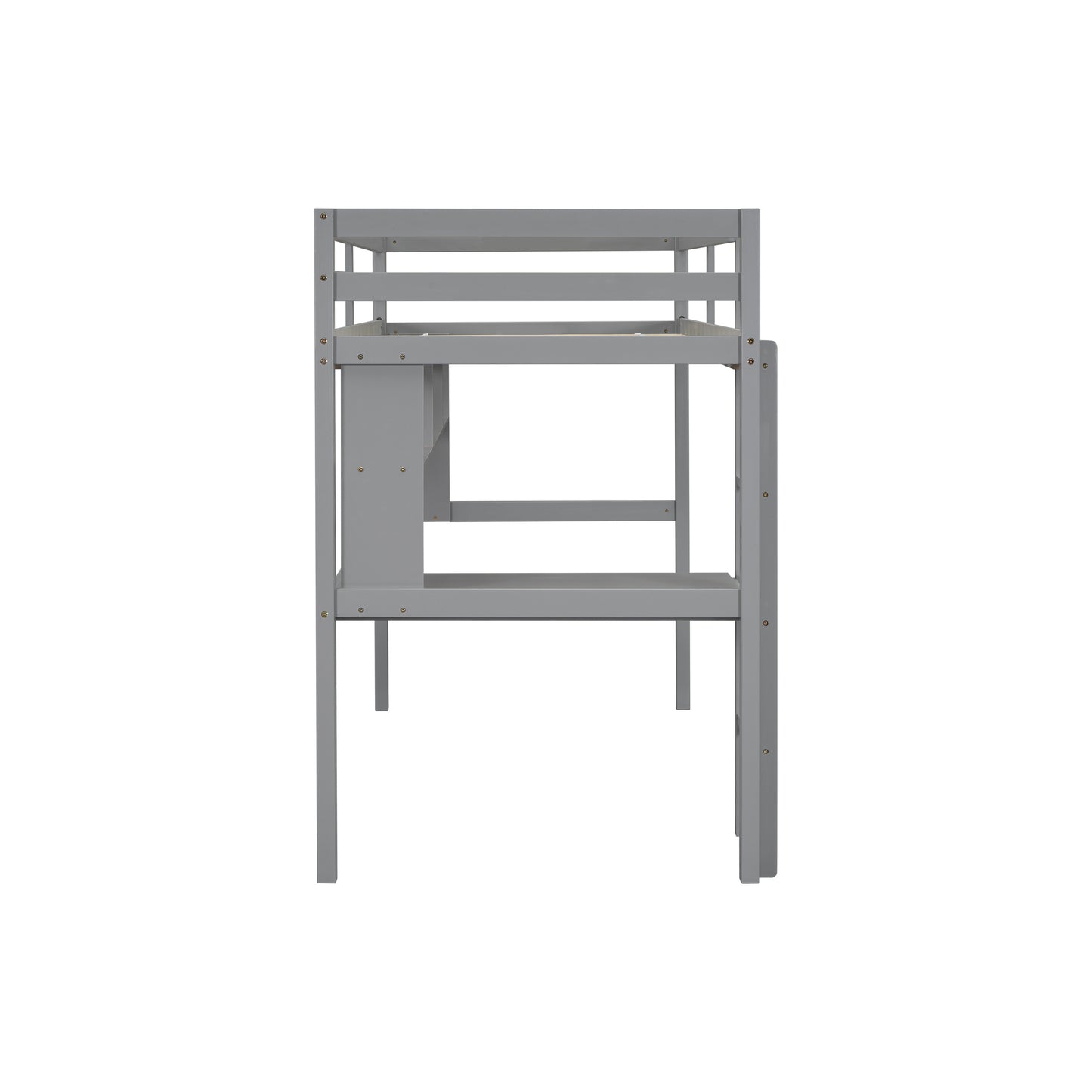 Twin Loft Bed with built-in desk and bookcase of three compartments, Guardrails and Ladder,Grey