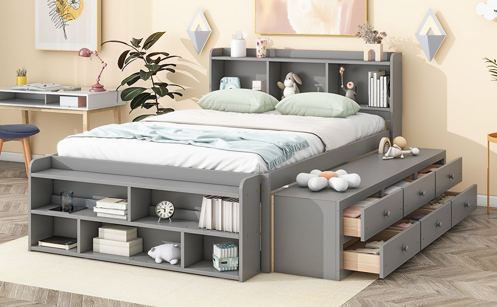 Full Bed with Bookcase Headboard, Under bed Storage Drawers and Bed End Storage Case,Grey