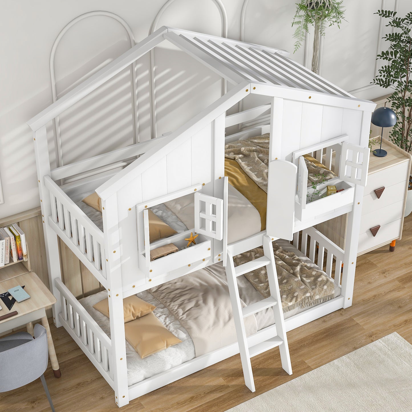 Twin over Twin House Bunk Bed with Roof , Window, Window  Box, Door , with Safety Guardrails and Ladder,White