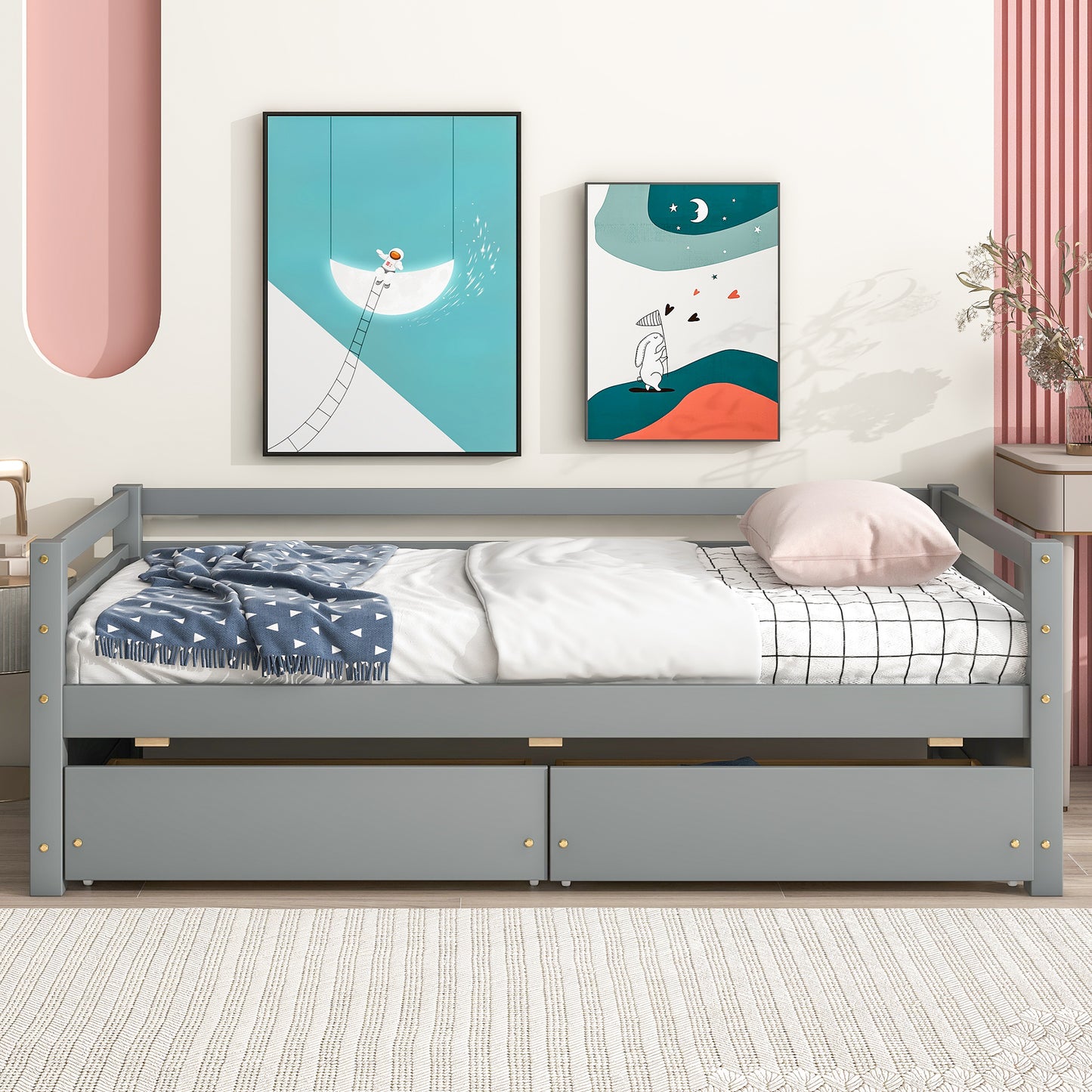 Grey Daybed with Storage Drawers, Wood Full Bed Frame with Built-in End Table for Bedroom, Living Room