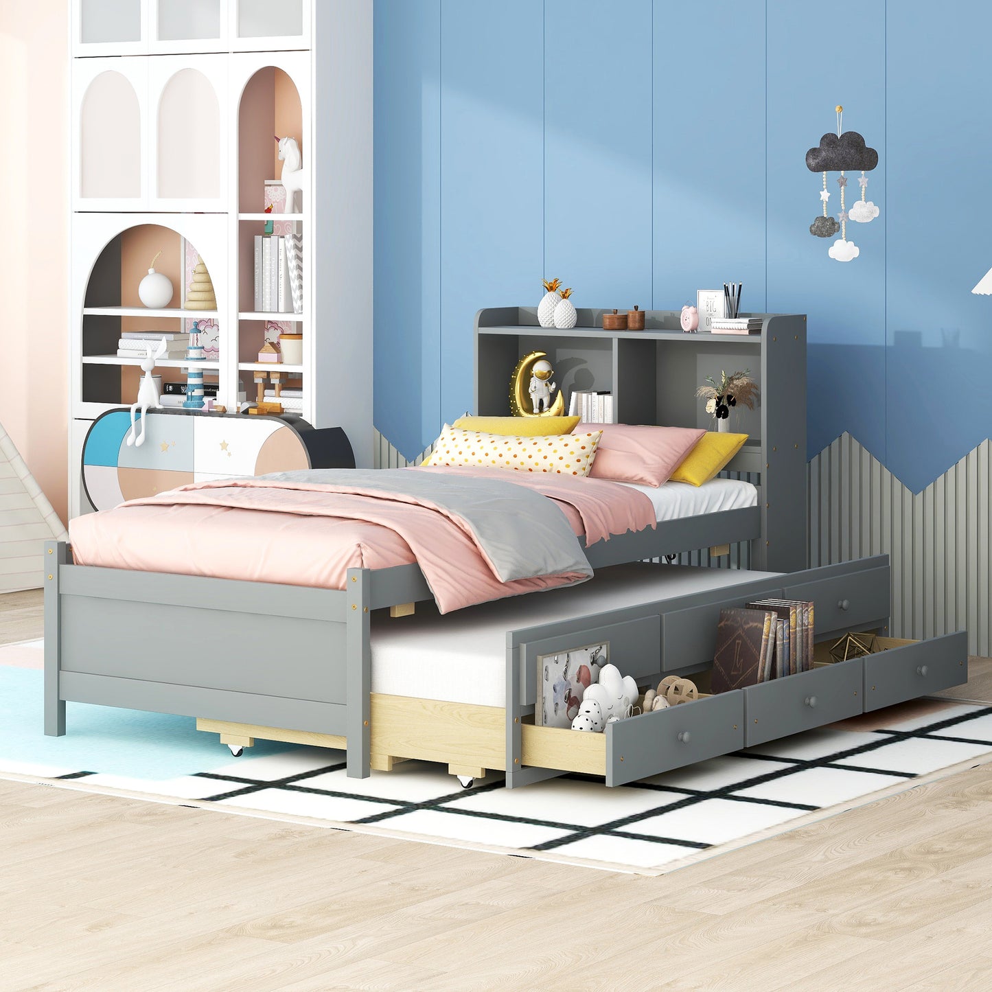 Twin Size Bed with  built-in USB ,Type-C Ports, LED light, Bookcase Headboard, Trundle and 3 Storage Drawers, Twin Size Bed with  Bookcase Headboard, Trundle and Storage drawers ,Grey