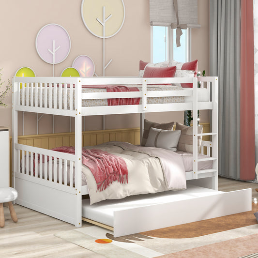 Full Over Full Bunk Bed with Trundle, Convertible to 2 Full Size Platform Bed, Full Size Bunk Bed with Ladder and Safety Rails for Kids, Teens, Adults,White(Old Sku:W504S00002)