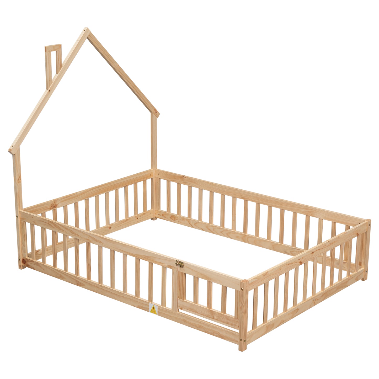 Full House-Shaped Headboard Floor Bed with Fence,Natural