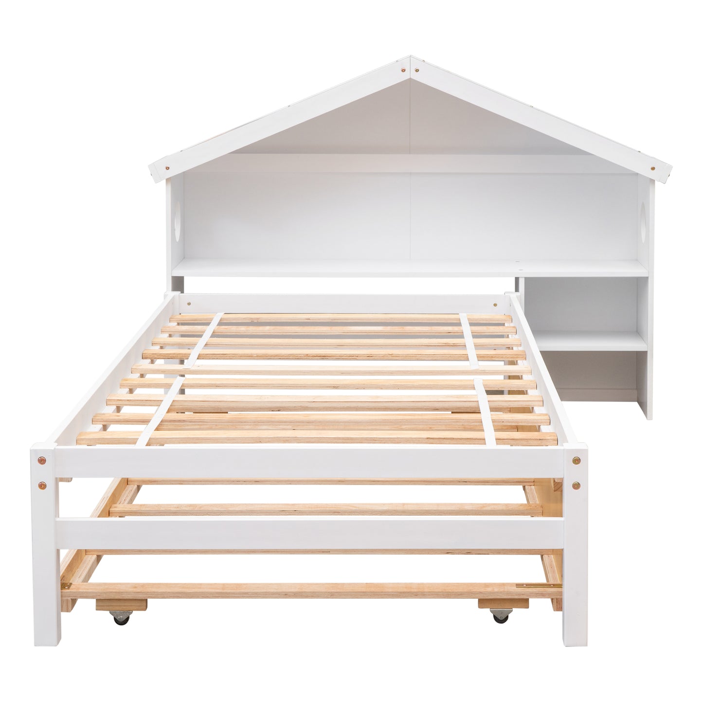 Twin Storage House Bed for kids with Bedside Table, Trundle, White