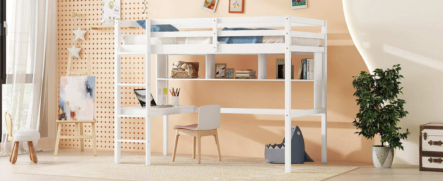 Twin Loft Bed with built-in desk and bookcase of three compartments, Guardrails and Ladder,White